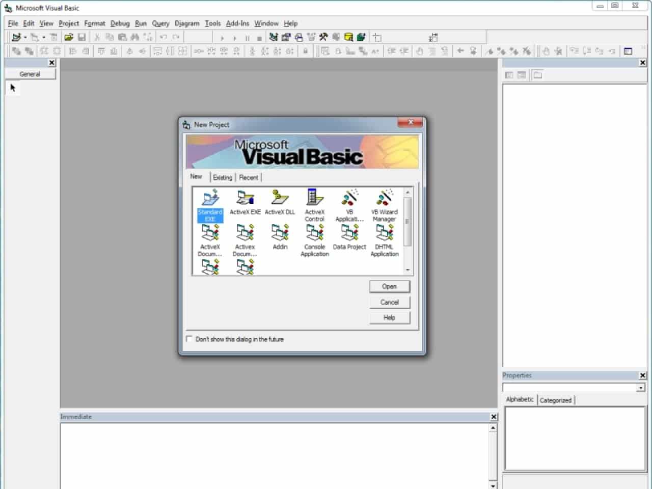 A screenshot showing the Visual Basic 1.0 starting interface. There is 1 button in the left panel but two rows of buttons on the top.